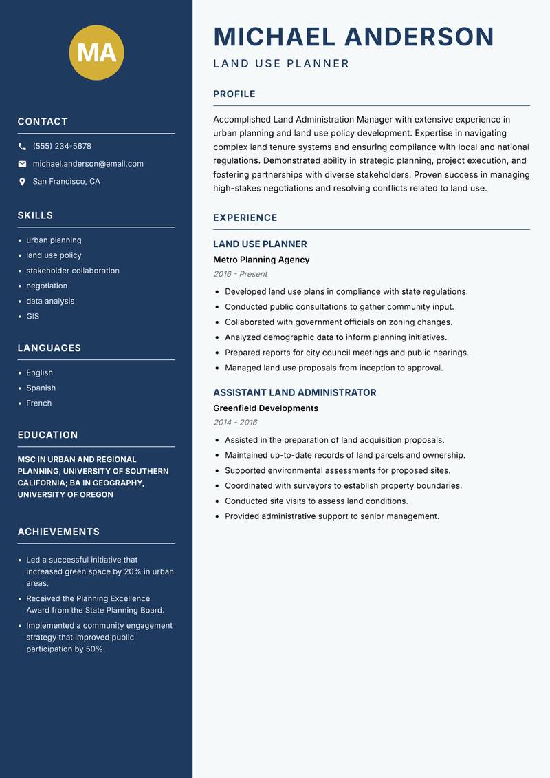 Land Administration Manager Resume Preview Example