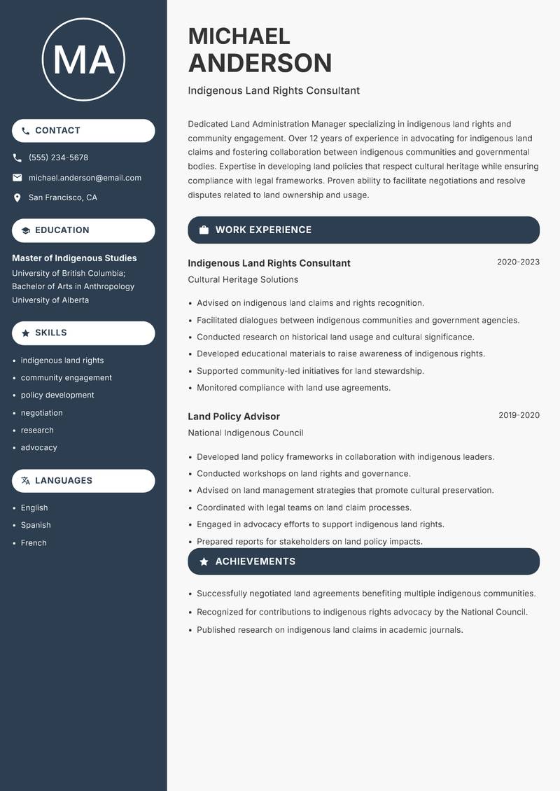 Land Administration Manager Resume Preview Example