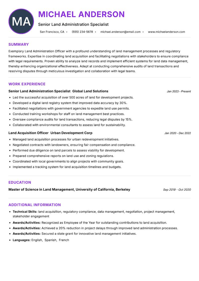 Land Administration Officer Resume Preview Example