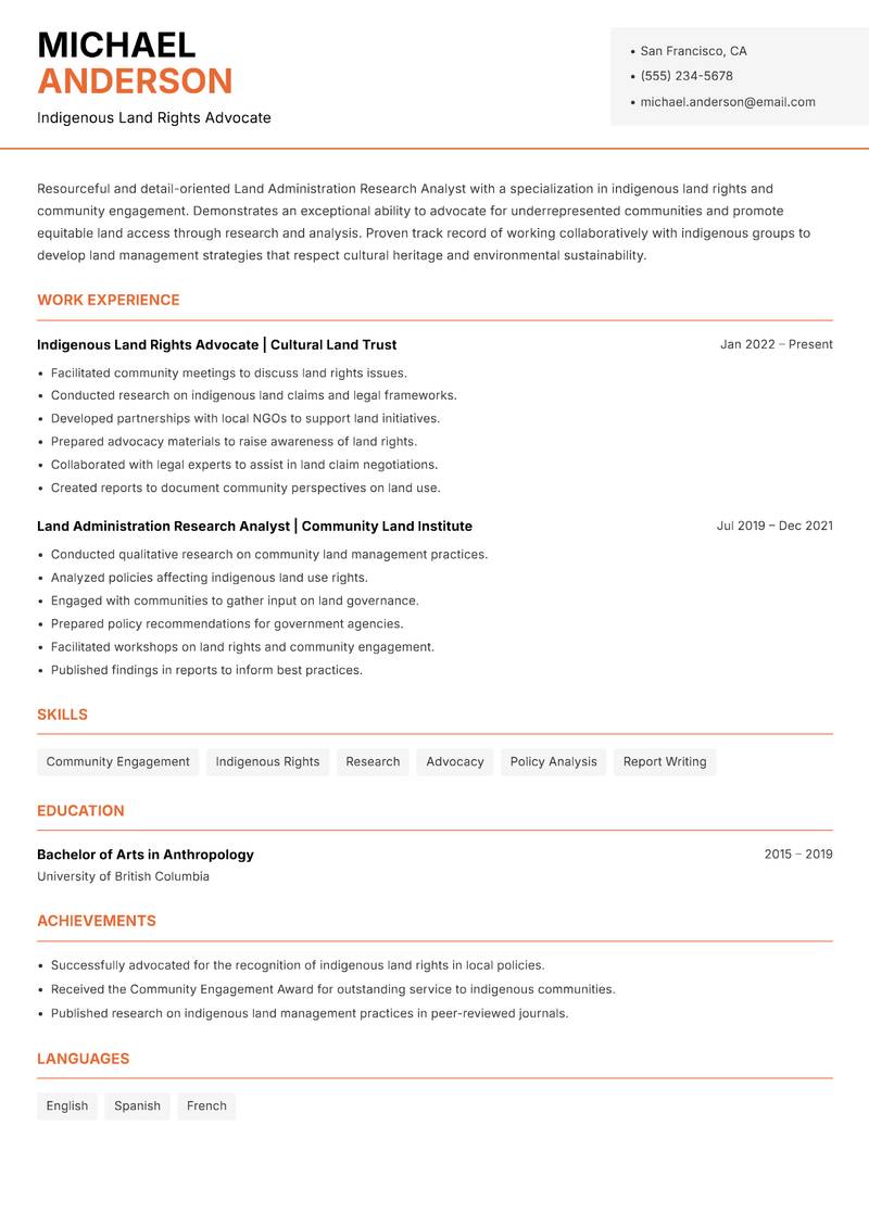 Land Administration Research Analyst Resume Template