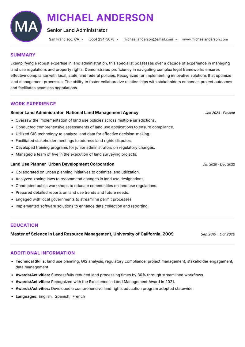 Land Administration Specialist Resume Preview Example