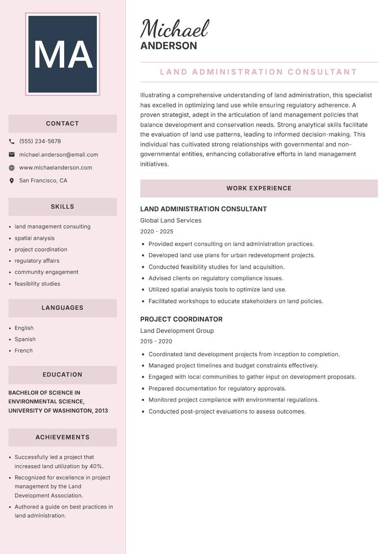 Land Administration Specialist Resume Preview Example
