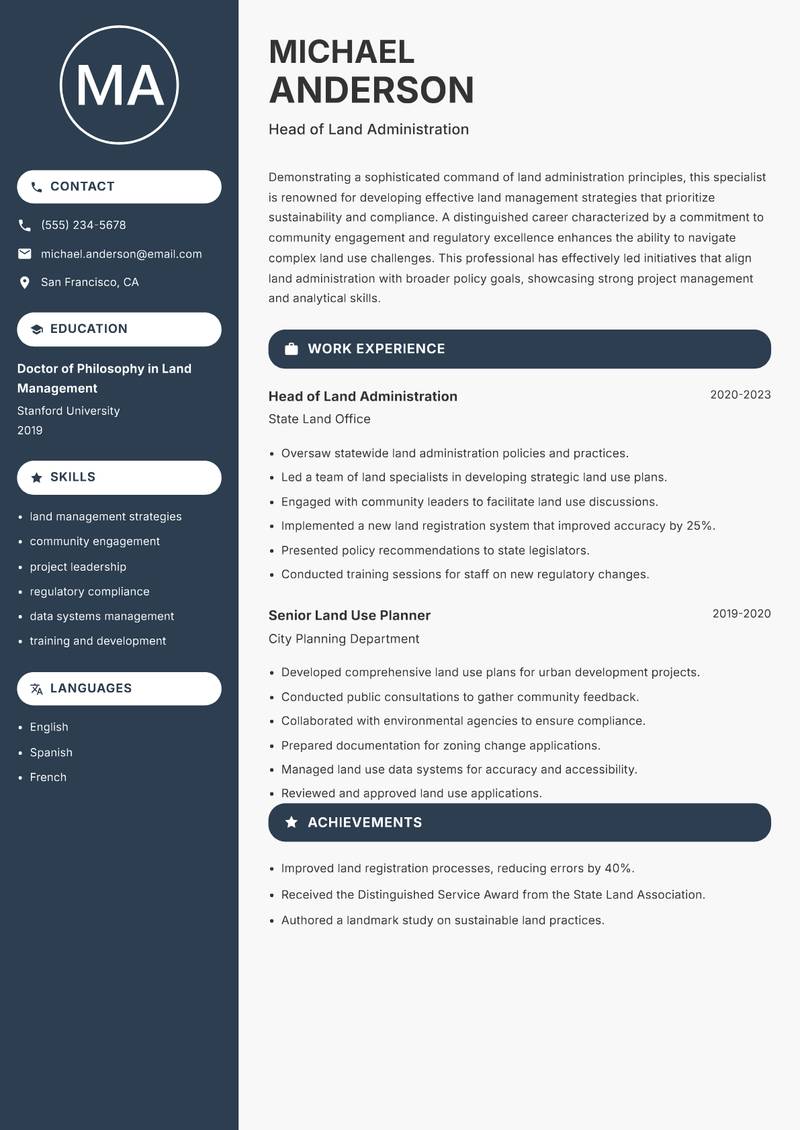 Land Administration Specialist Resume Preview Example
