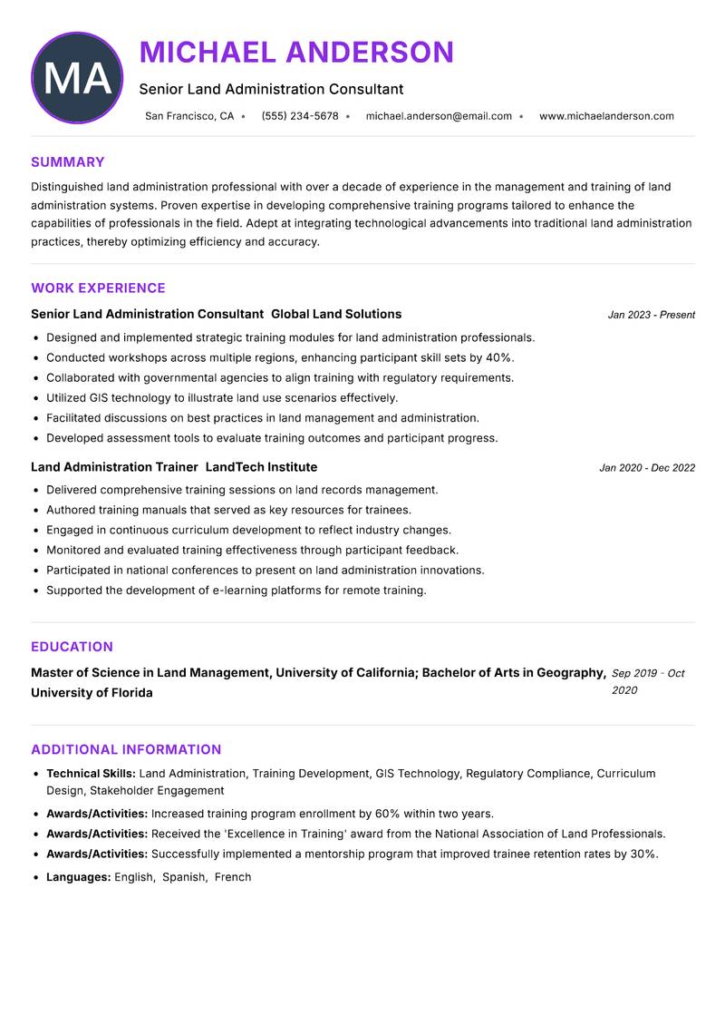 Land Administration Trainer Resume Preview Example