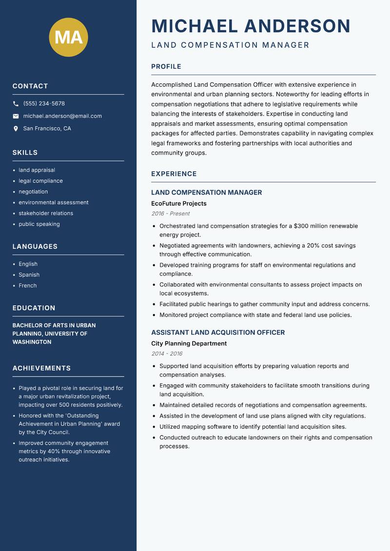 Land Compensation Officer Resume Preview Example