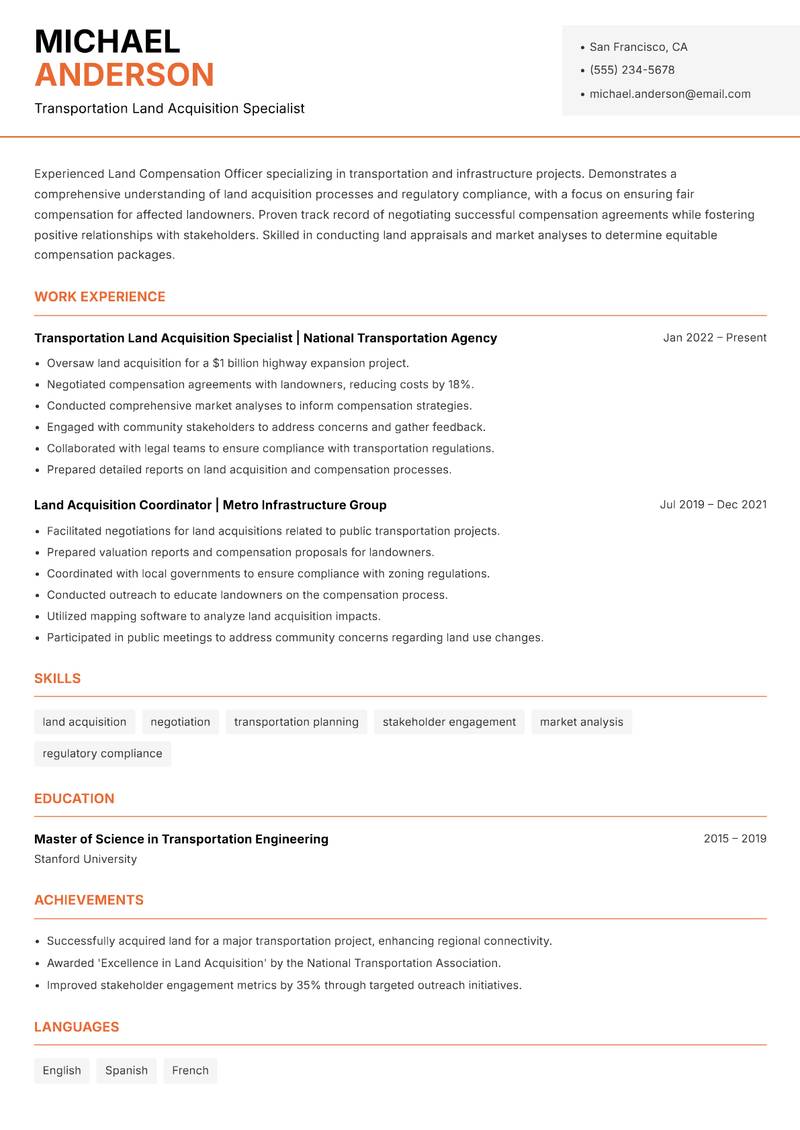 Land Compensation Officer Resume Template