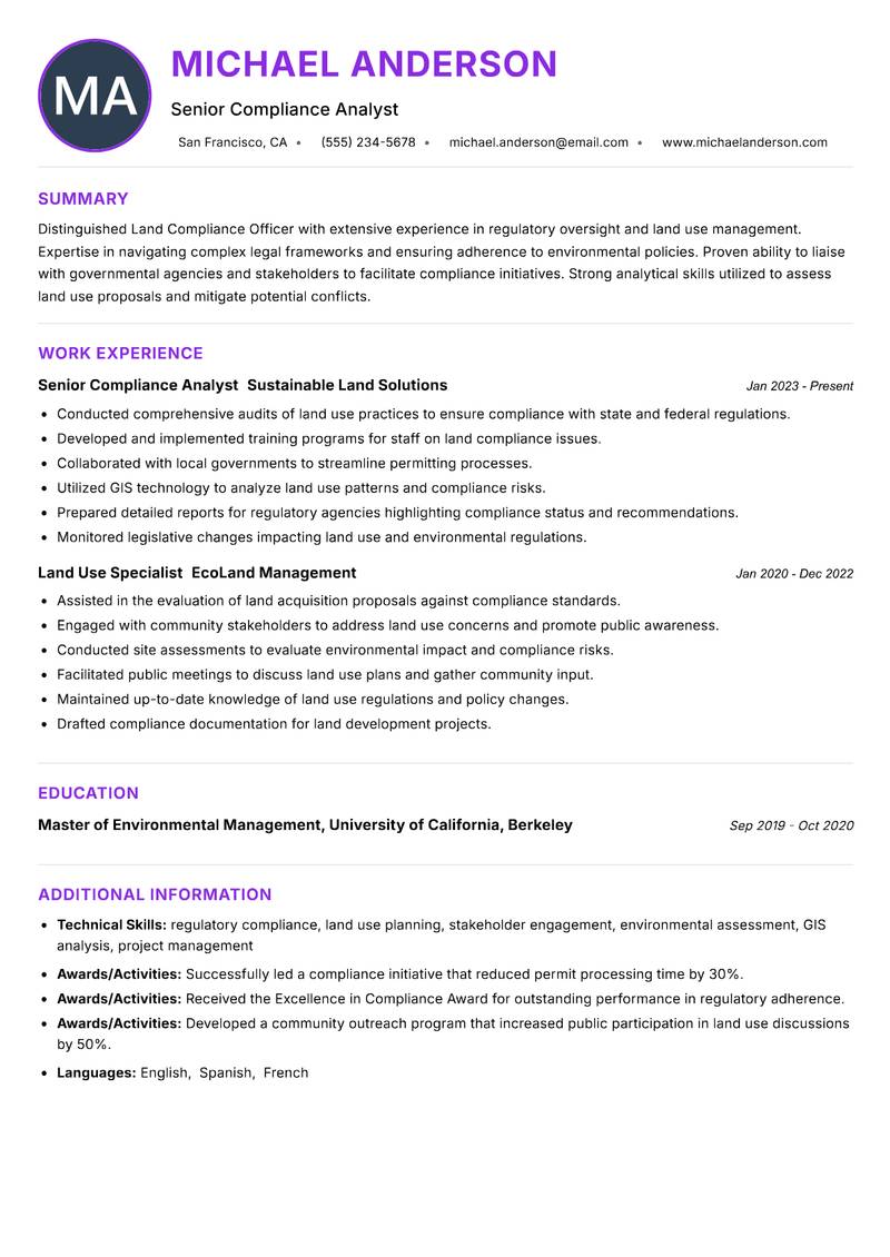 Land Compliance Officer Resume Preview Example