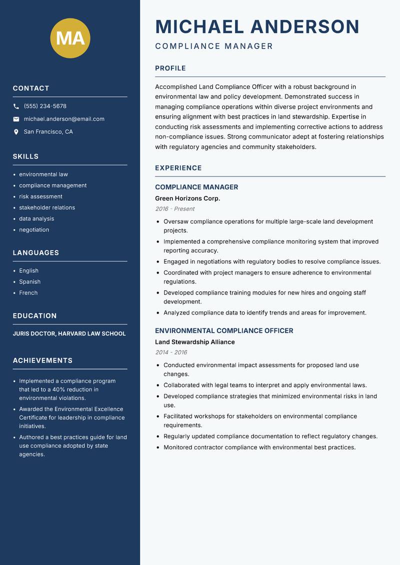 Land Compliance Officer Resume Preview Example