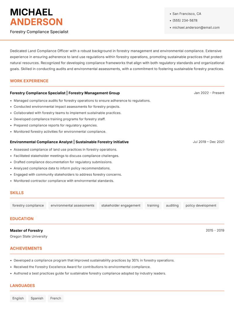 Land Compliance Officer Resume Template
