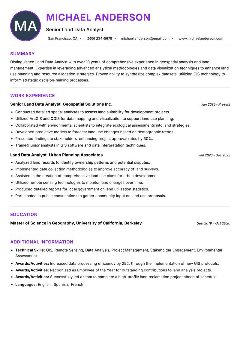 Land Data Analyst Resume Preview Example