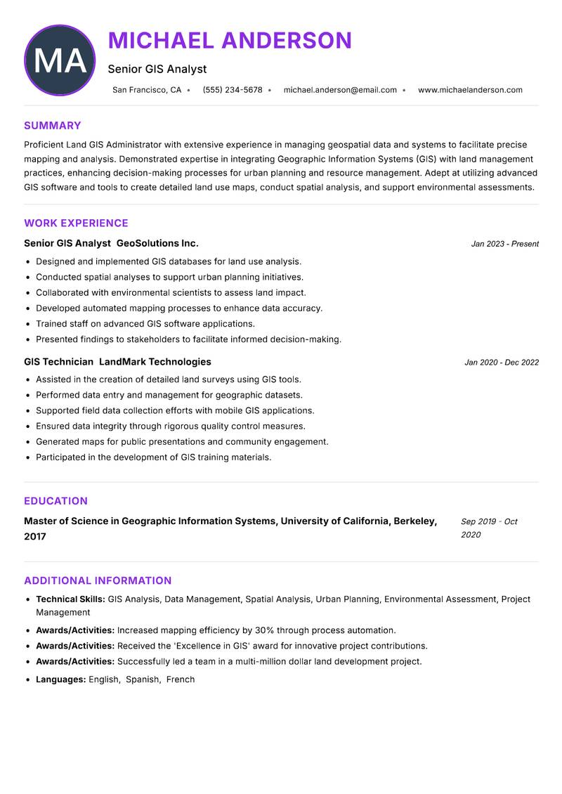 Land GIS Administrator Resume Preview Example