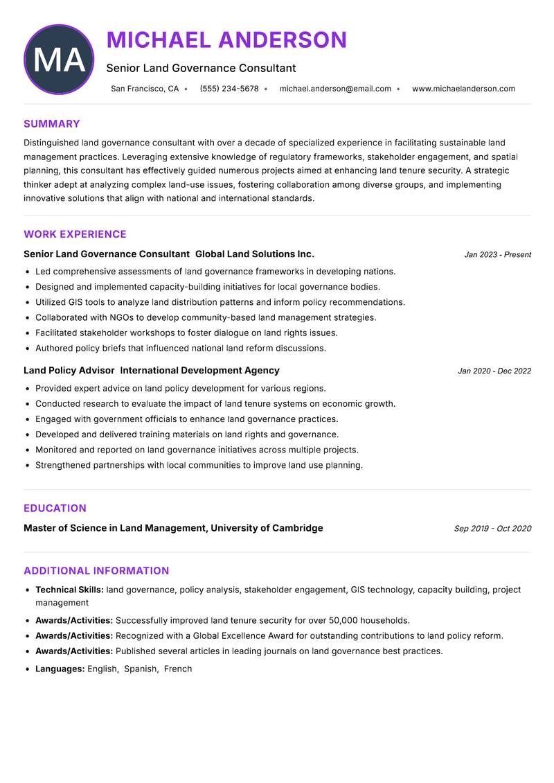Land Governance Consultant Resume Preview Example