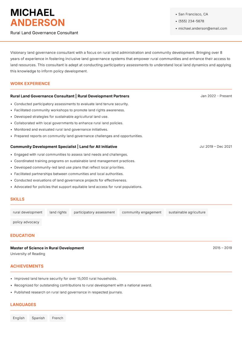 Land Governance Consultant Resume Template