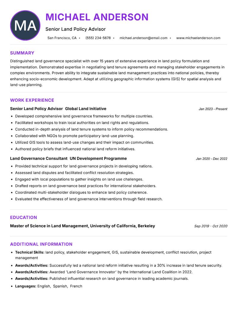 Land Governance Specialist Resume Preview Example