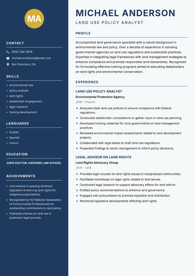Land Governance Specialist Resume Preview Example