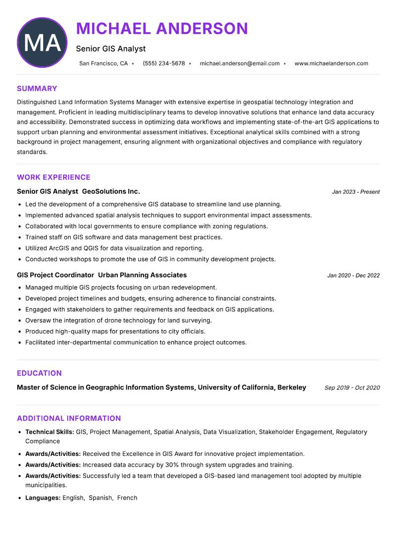 Land Information Systems Manager Resume Preview Example