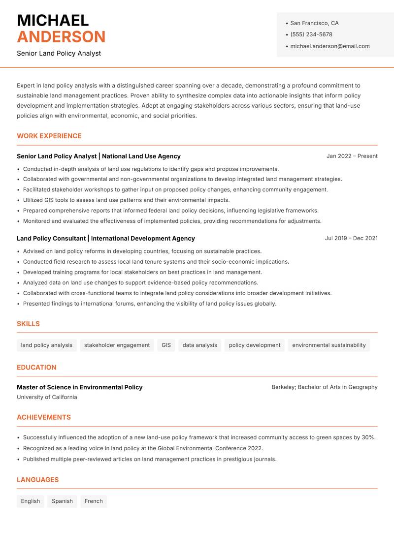 Land Policy Analyst Resume Template