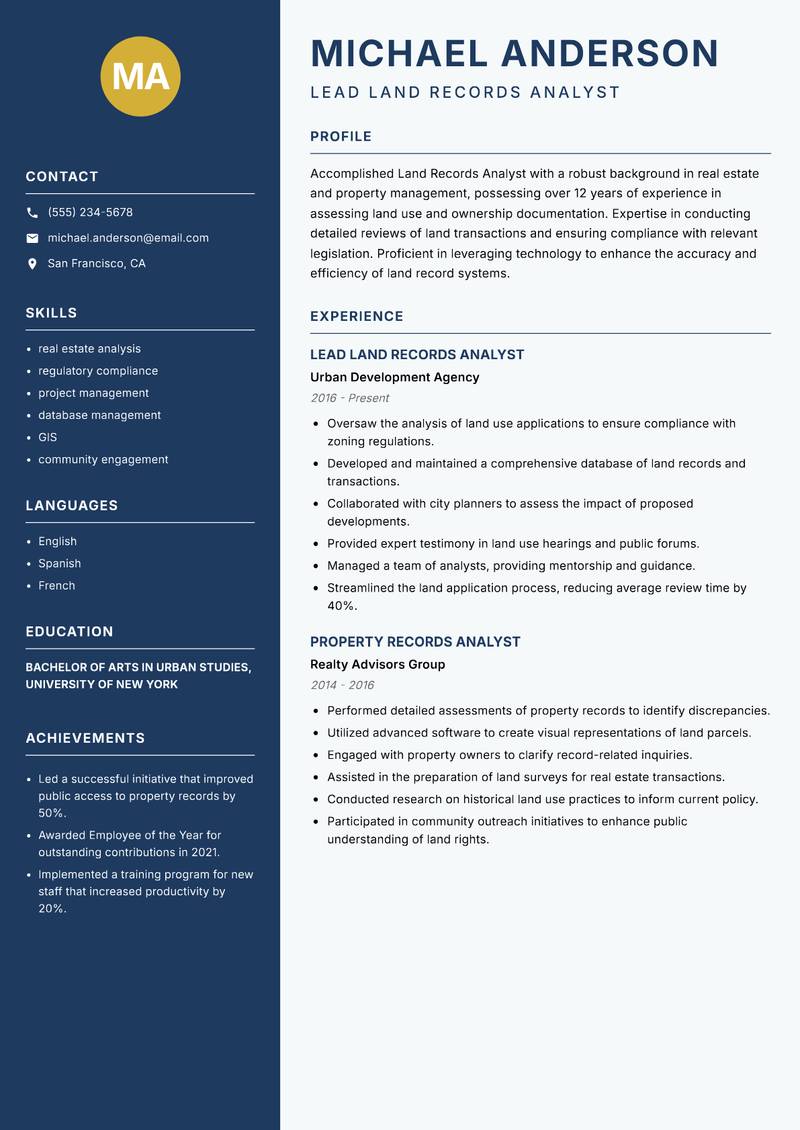 Land Records Analyst Resume Preview Example