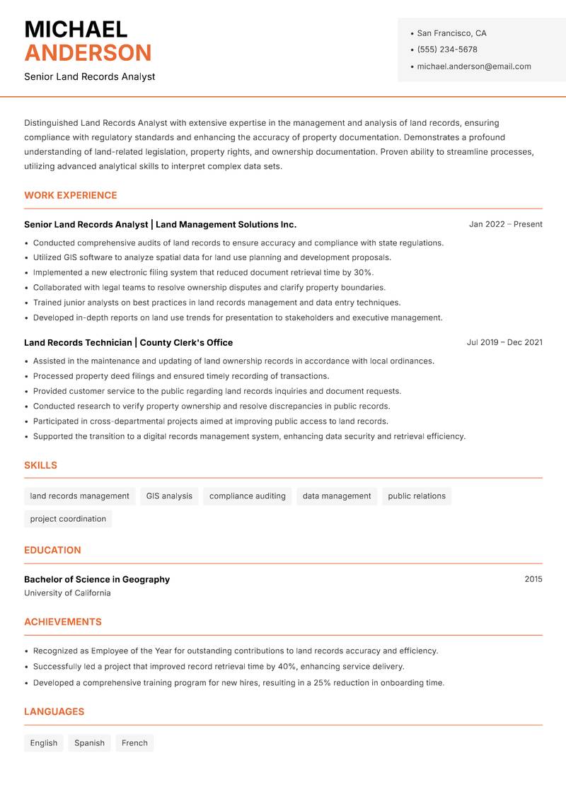 Land Records Analyst Resume Template