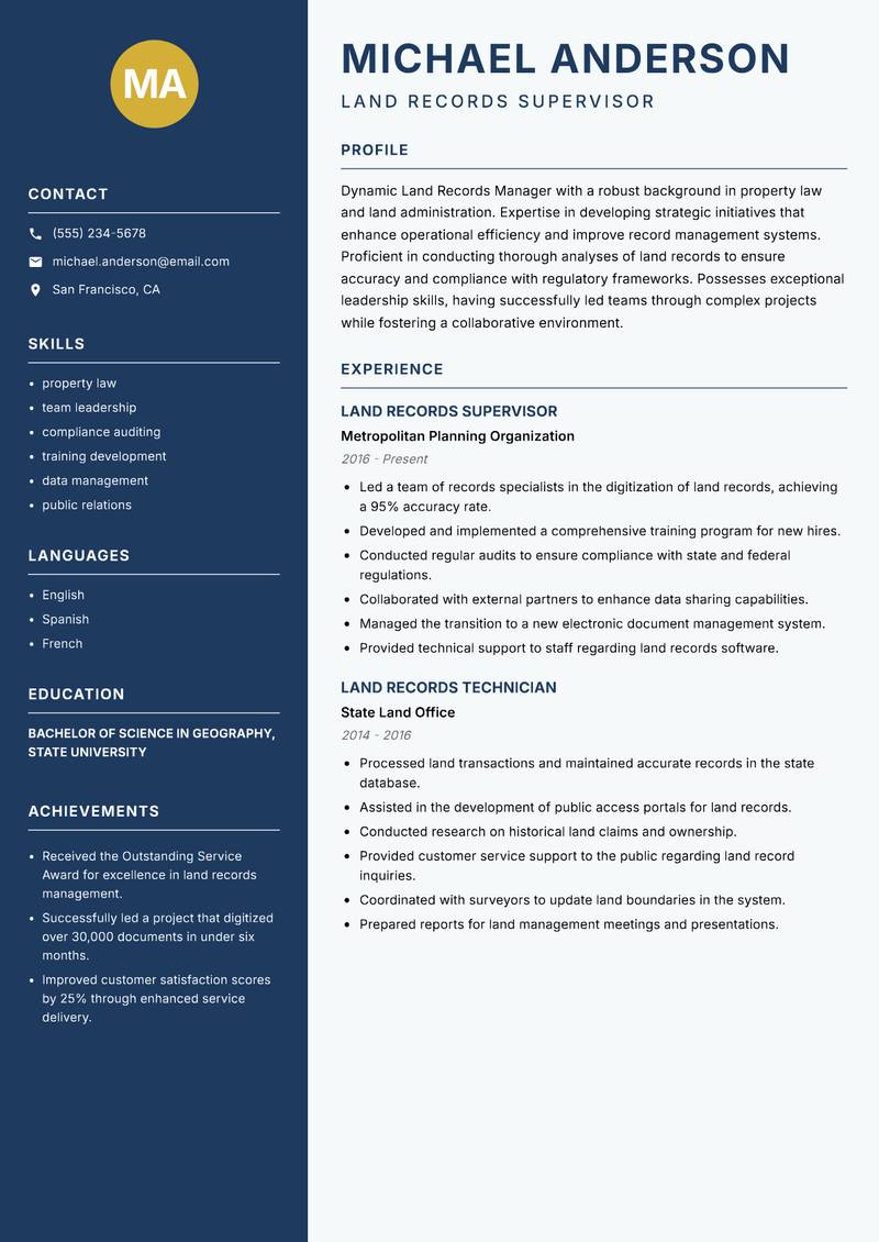Land Records Manager Resume Preview Example