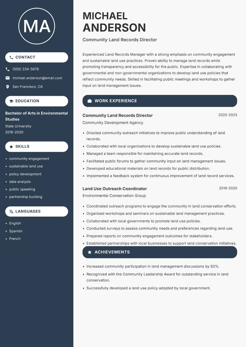 Land Records Manager Resume Preview Example