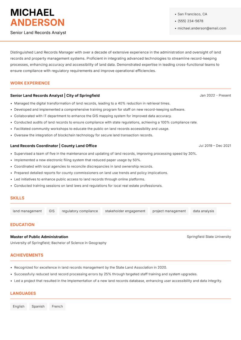 Land Records Manager Resume Template