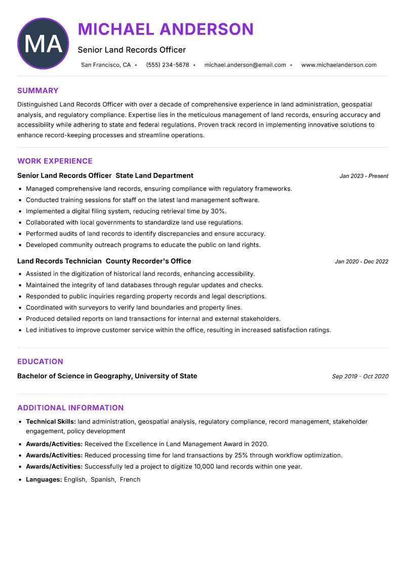 Land Records Officer Resume Preview Example