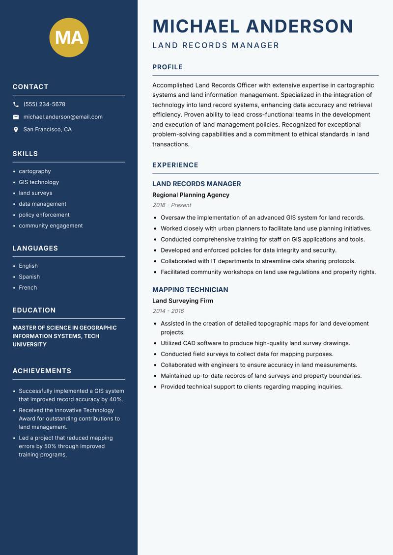 Land Records Officer Resume Preview Example