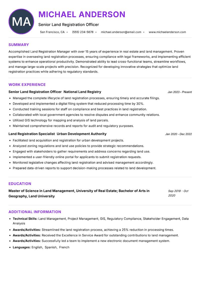 Land Registration Manager Resume Preview Example