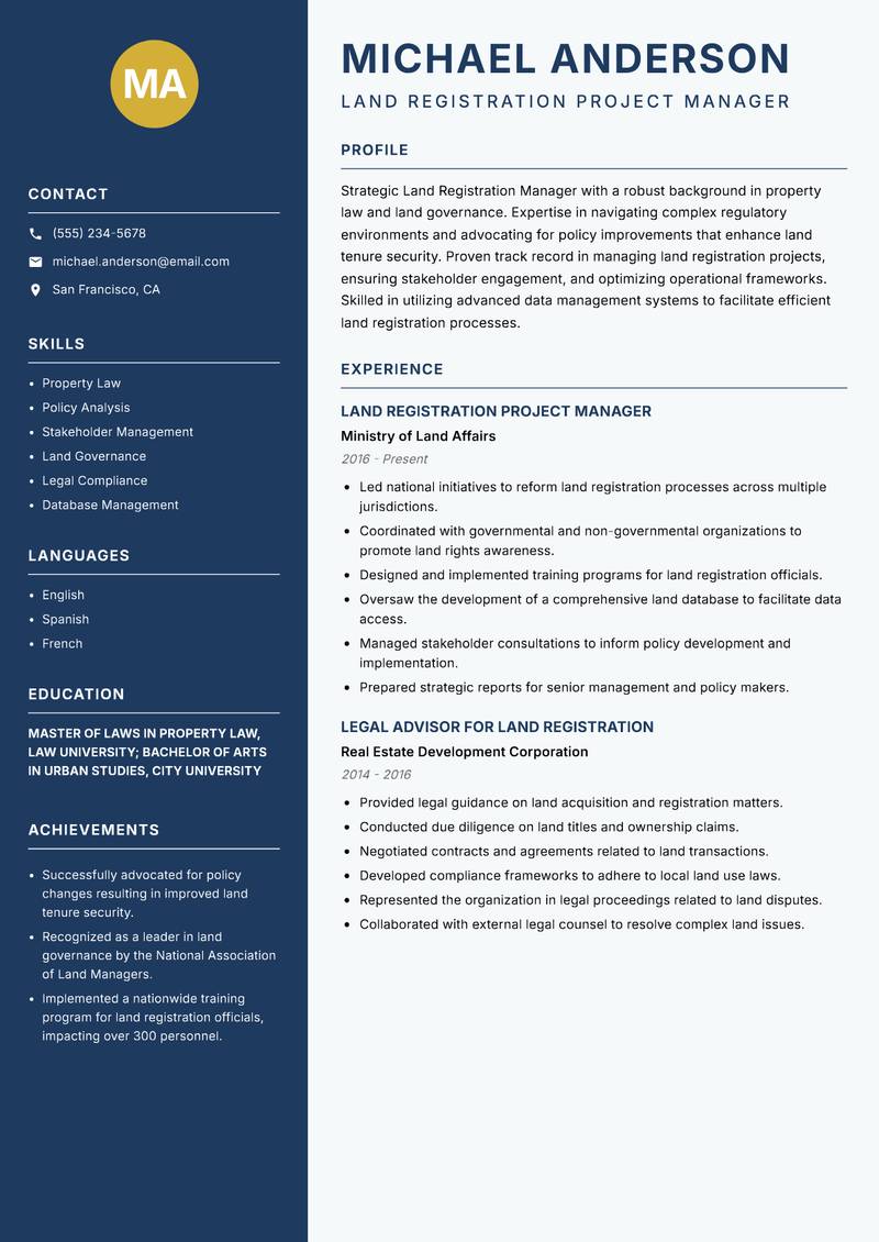 Land Registration Manager Resume Preview Example