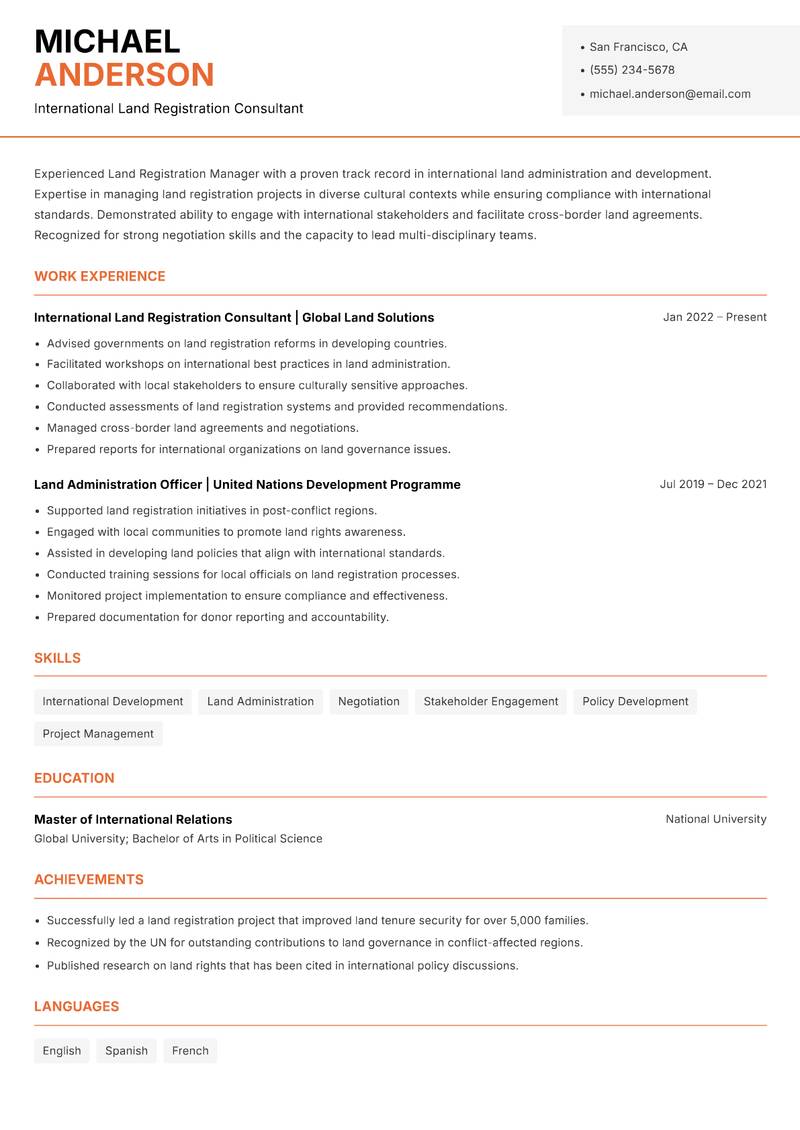 Land Registration Manager Resume Template
