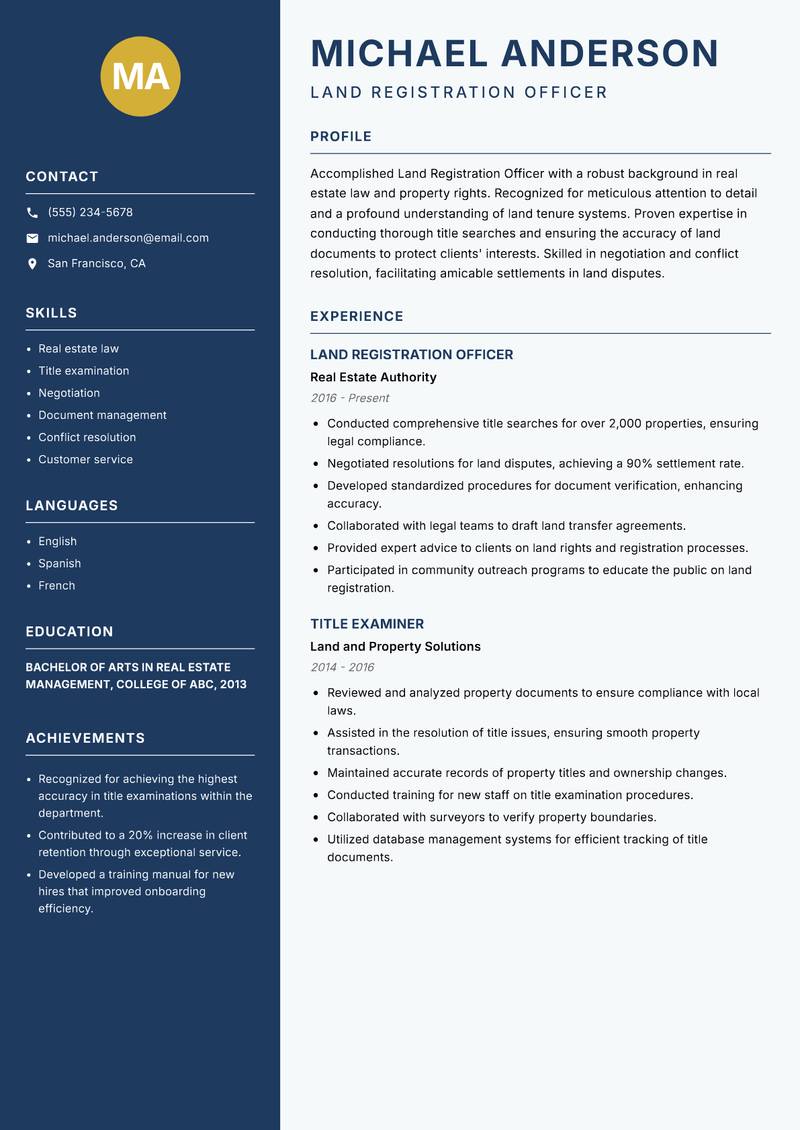 Land Registration Officer Resume Preview Example