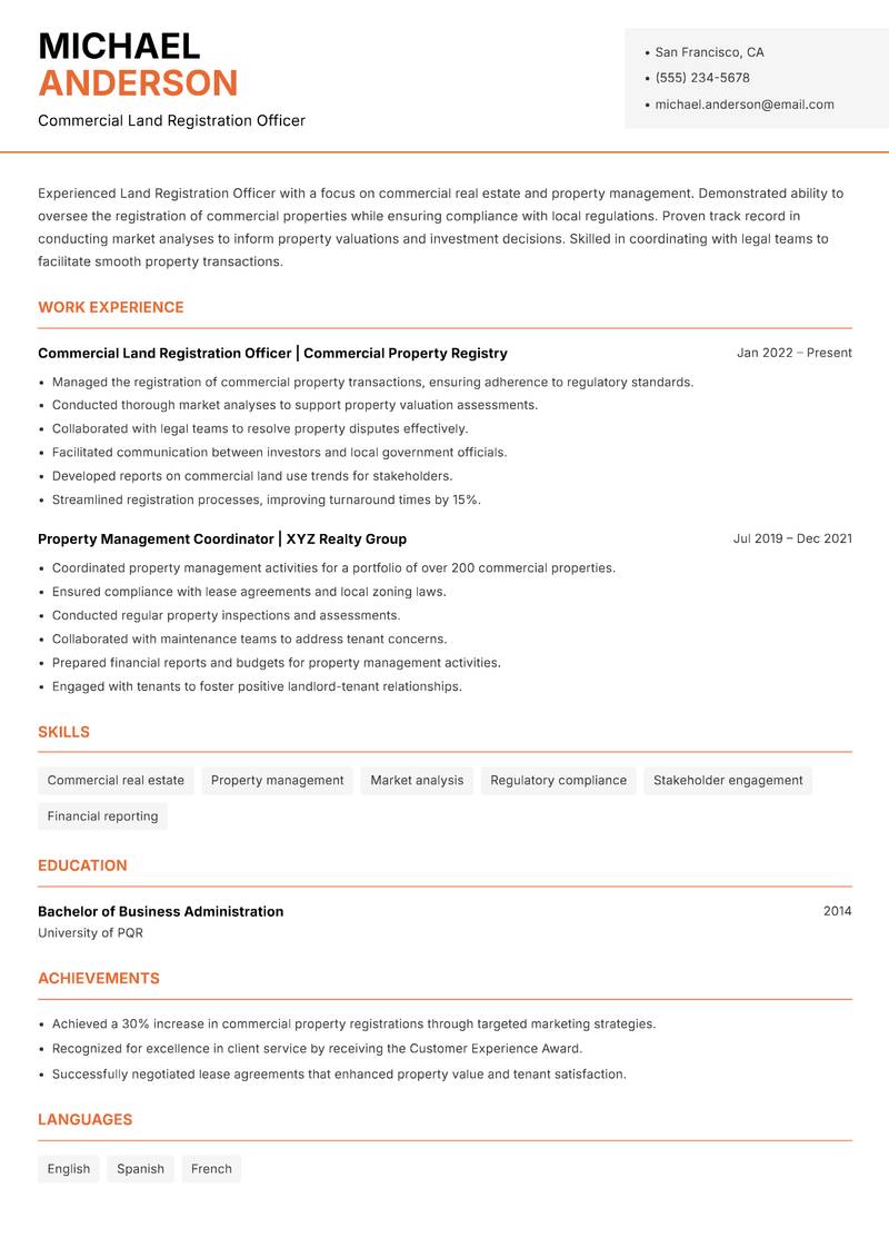 Land Registration Officer Resume Template