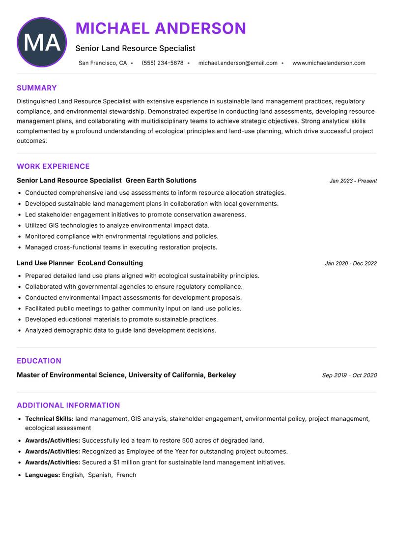 Land Resource Specialist Resume Preview Example