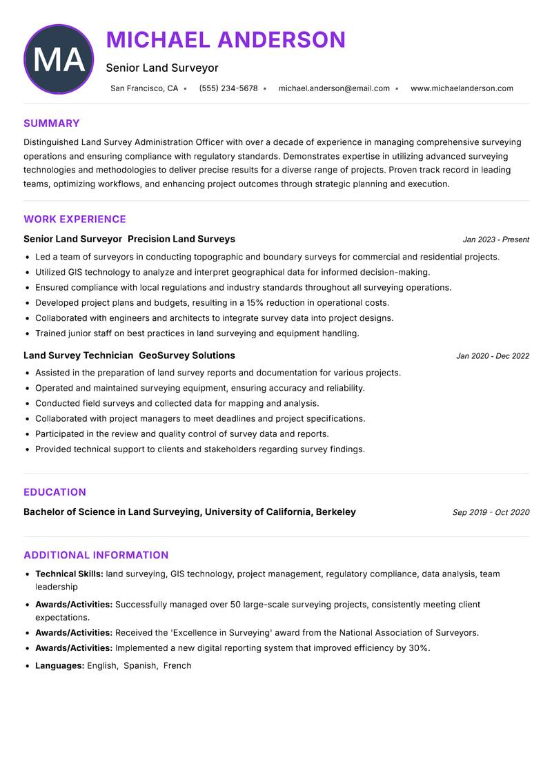 Land Survey Administration Officer Resume Preview Example