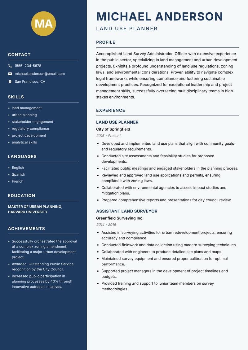Land Survey Administration Officer Resume Preview Example