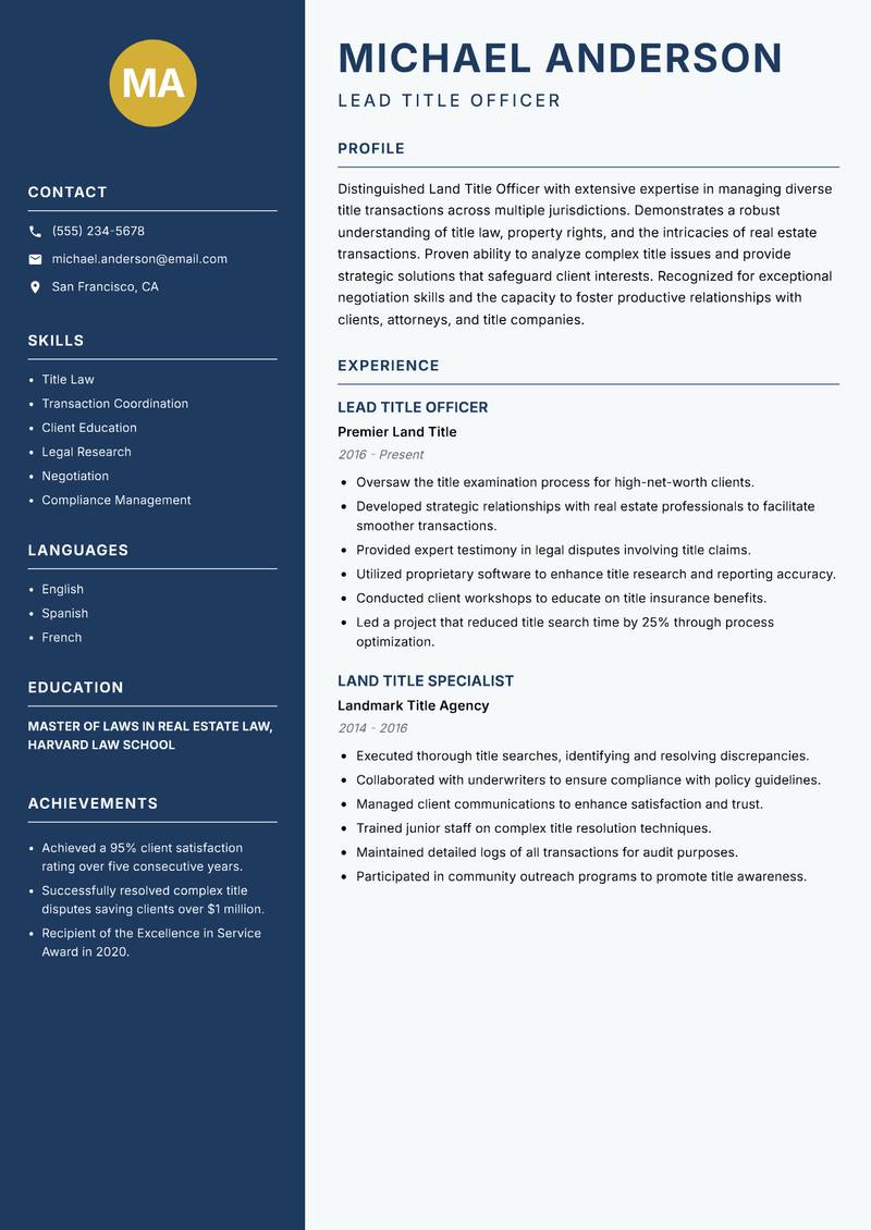 Land Title Officer Resume Preview Example
