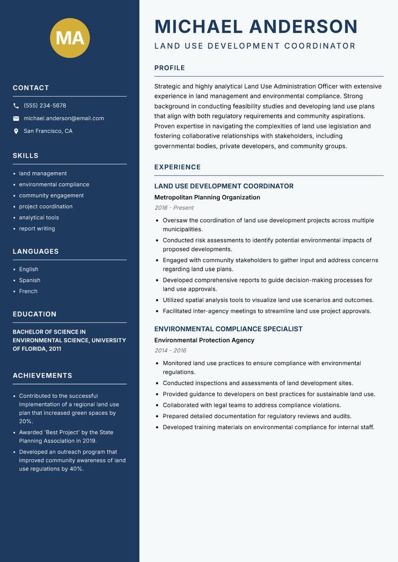 Land Use Administration Officer Resume Preview Example