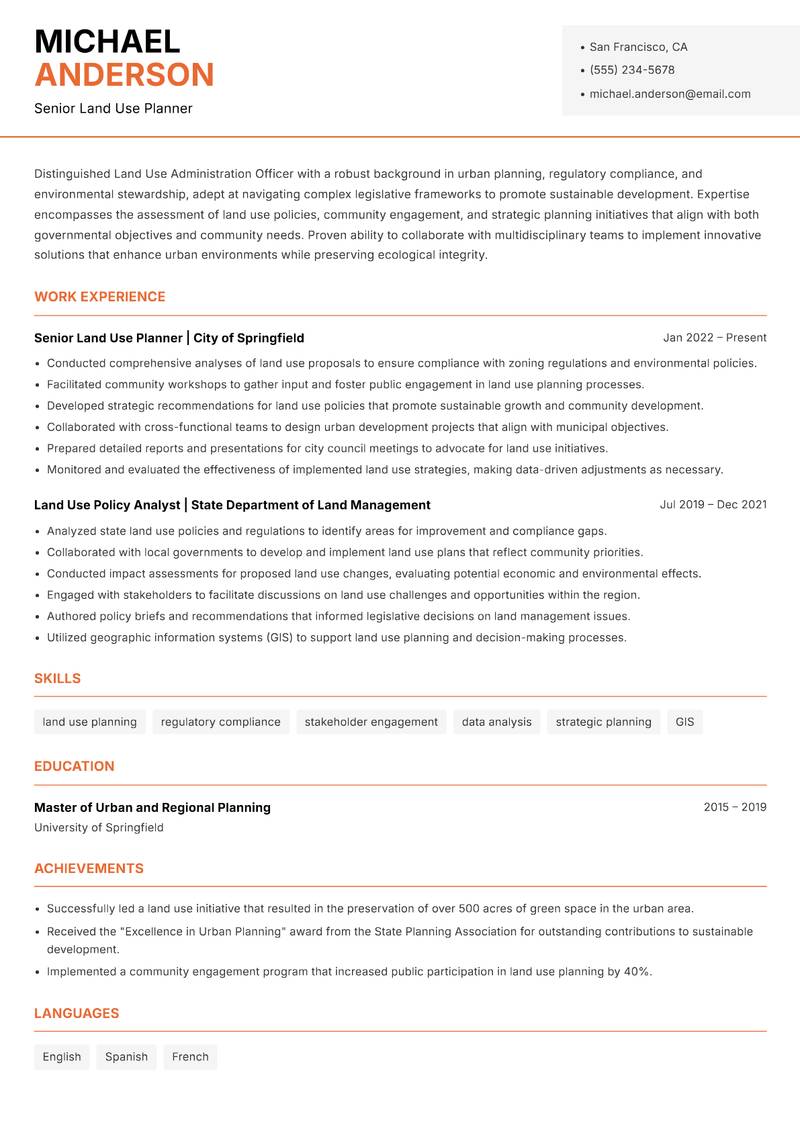 Land Use Administration Officer Resume Template