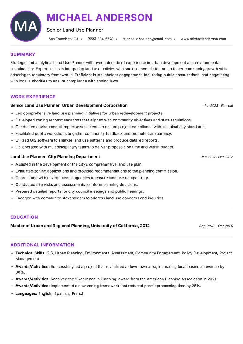 Land Use Planner Resume Preview Example