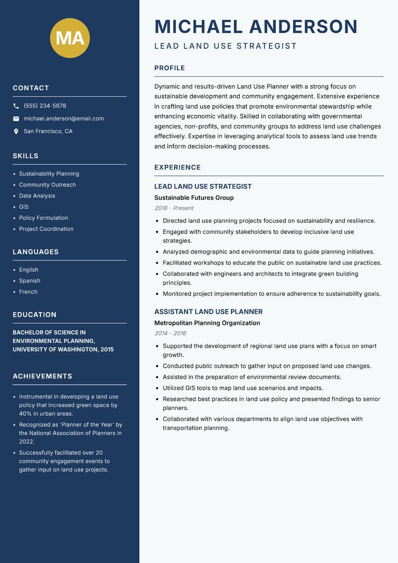 Land Use Planner Resume Preview Example