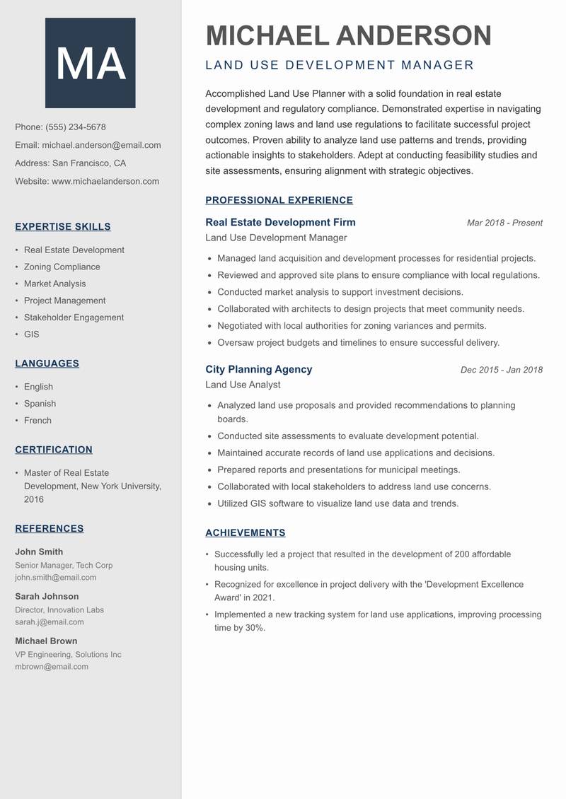 Land Use Planner Resume Preview Example