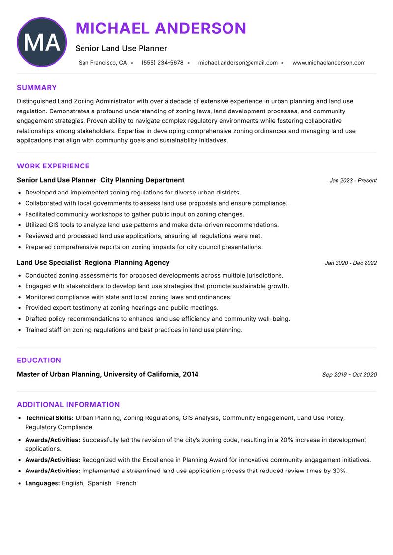 Land Zoning Administrator Resume Preview Example