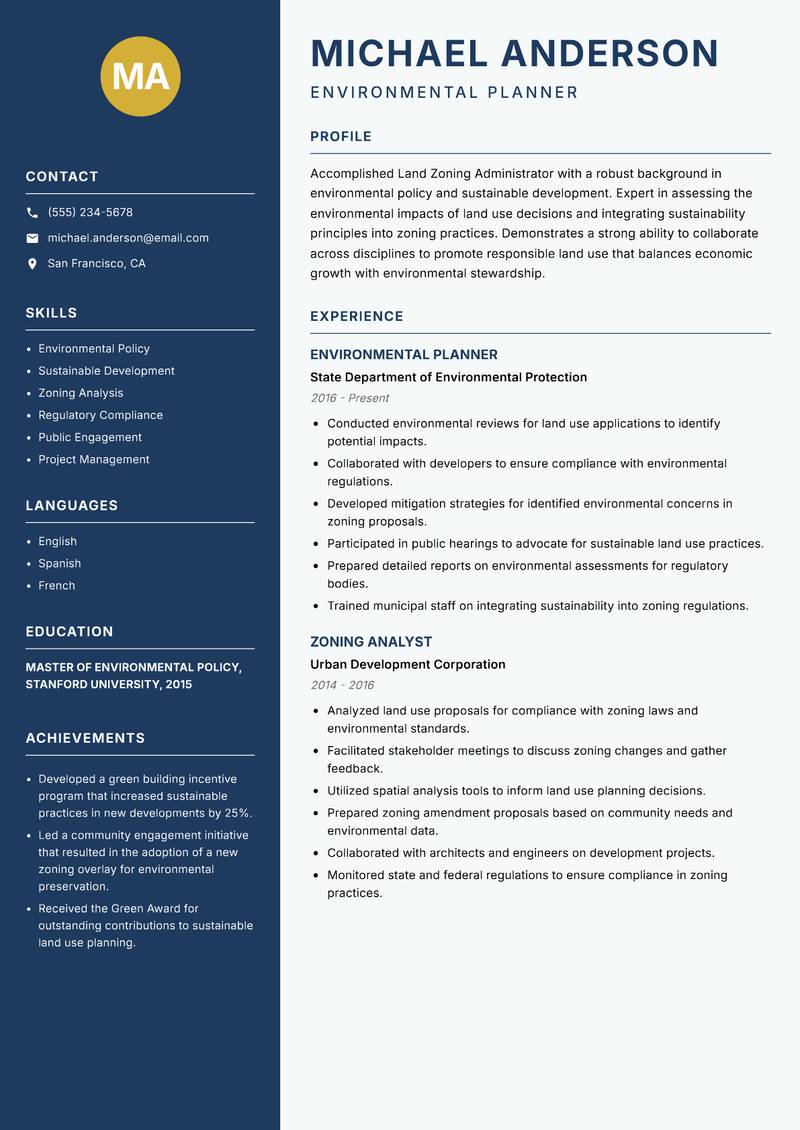 Land Zoning Administrator Resume Preview Example