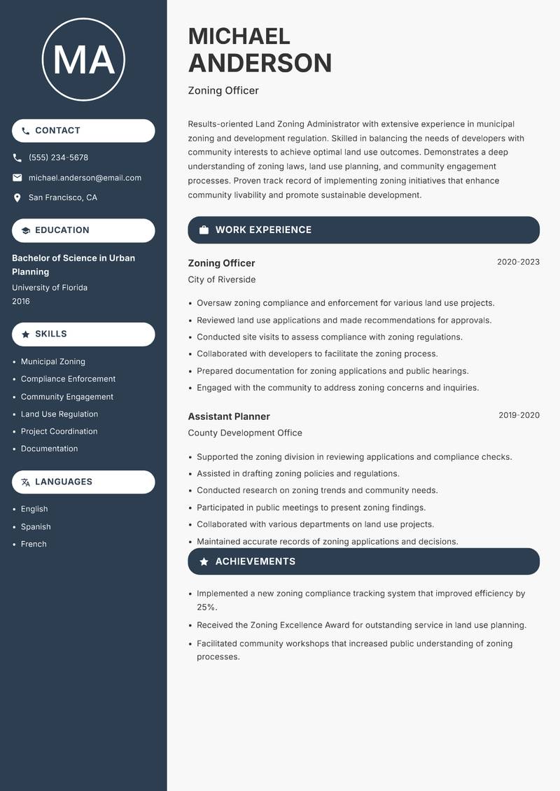 Land Zoning Administrator Resume Preview Example