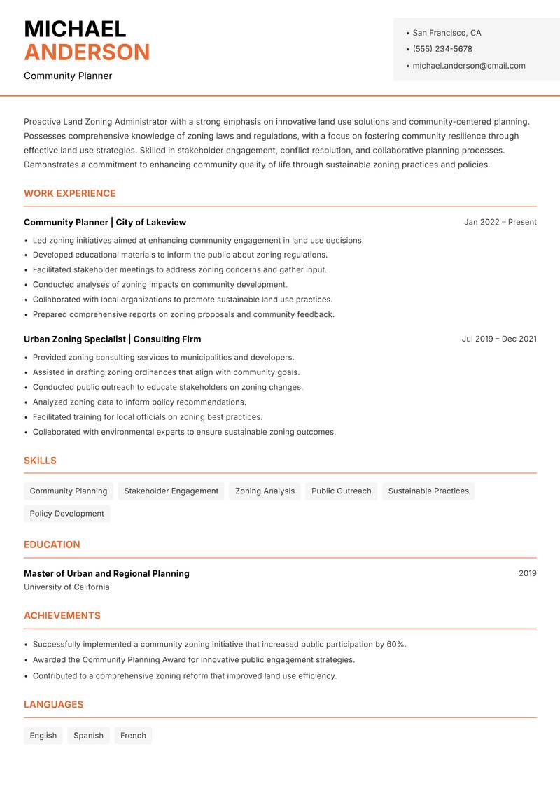 Land Zoning Administrator Resume Template