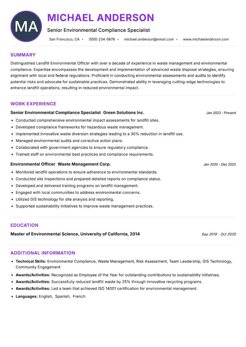 Landfill Environmental Officer Resume Preview Example