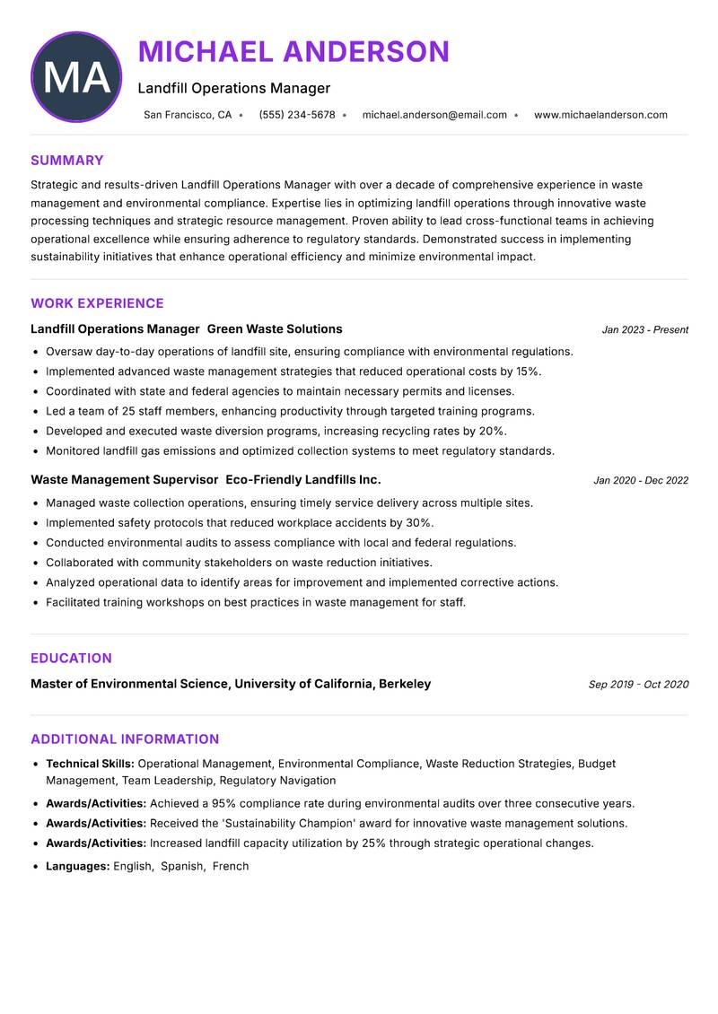 Landfill Operations Manager Resume Preview Example