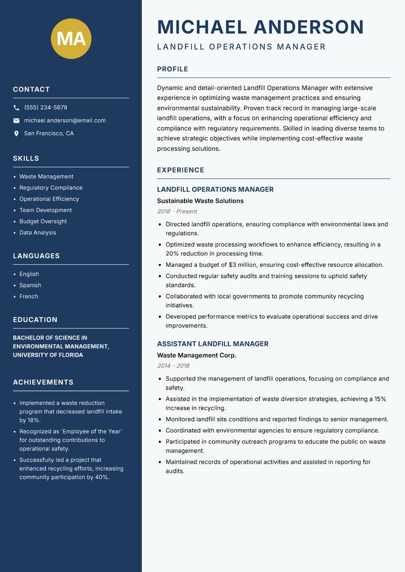 Landfill Operations Manager Resume Preview Example
