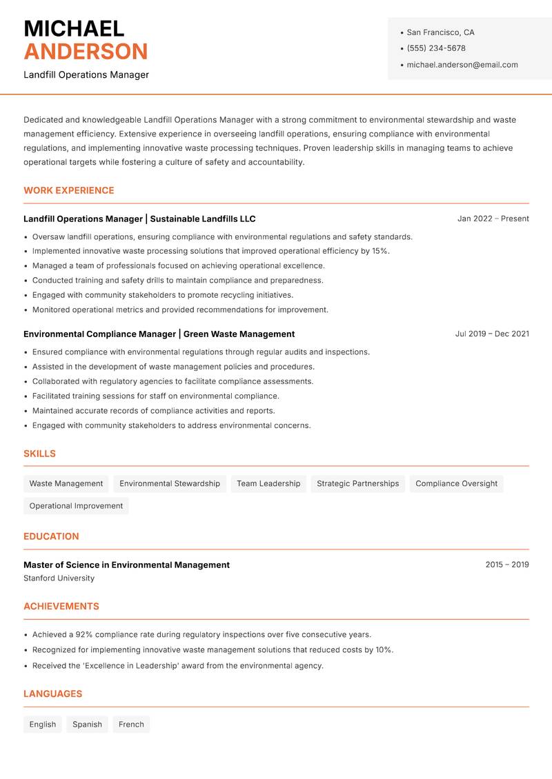 Landfill Operations Manager Resume Template